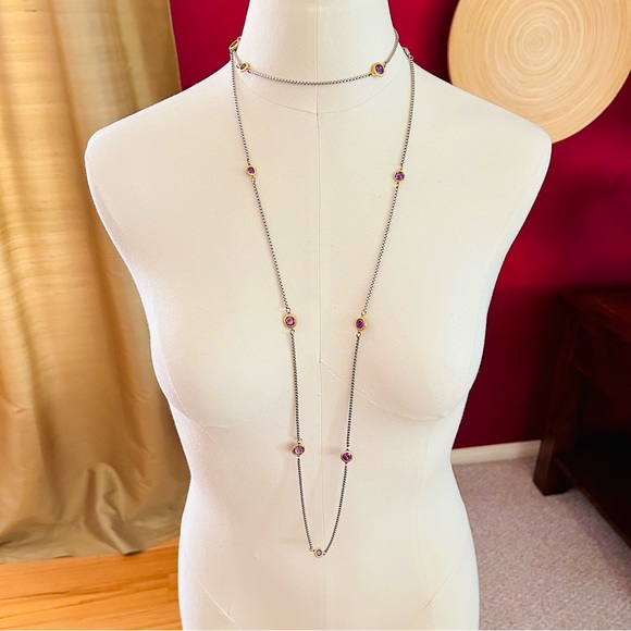 Vintage Bezel-Set Amethyst Crystal X-Long 55" Gold Plated & 926 Silver Necklace - Picture 2 of 14